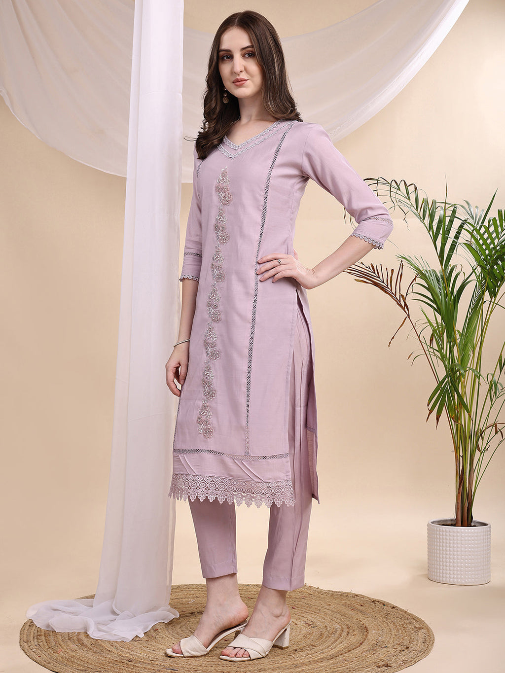 Applique Beads & Lace Embroidered Kurta With Pant & Dupatta, Lavender - Hiral Fashion - Distacart