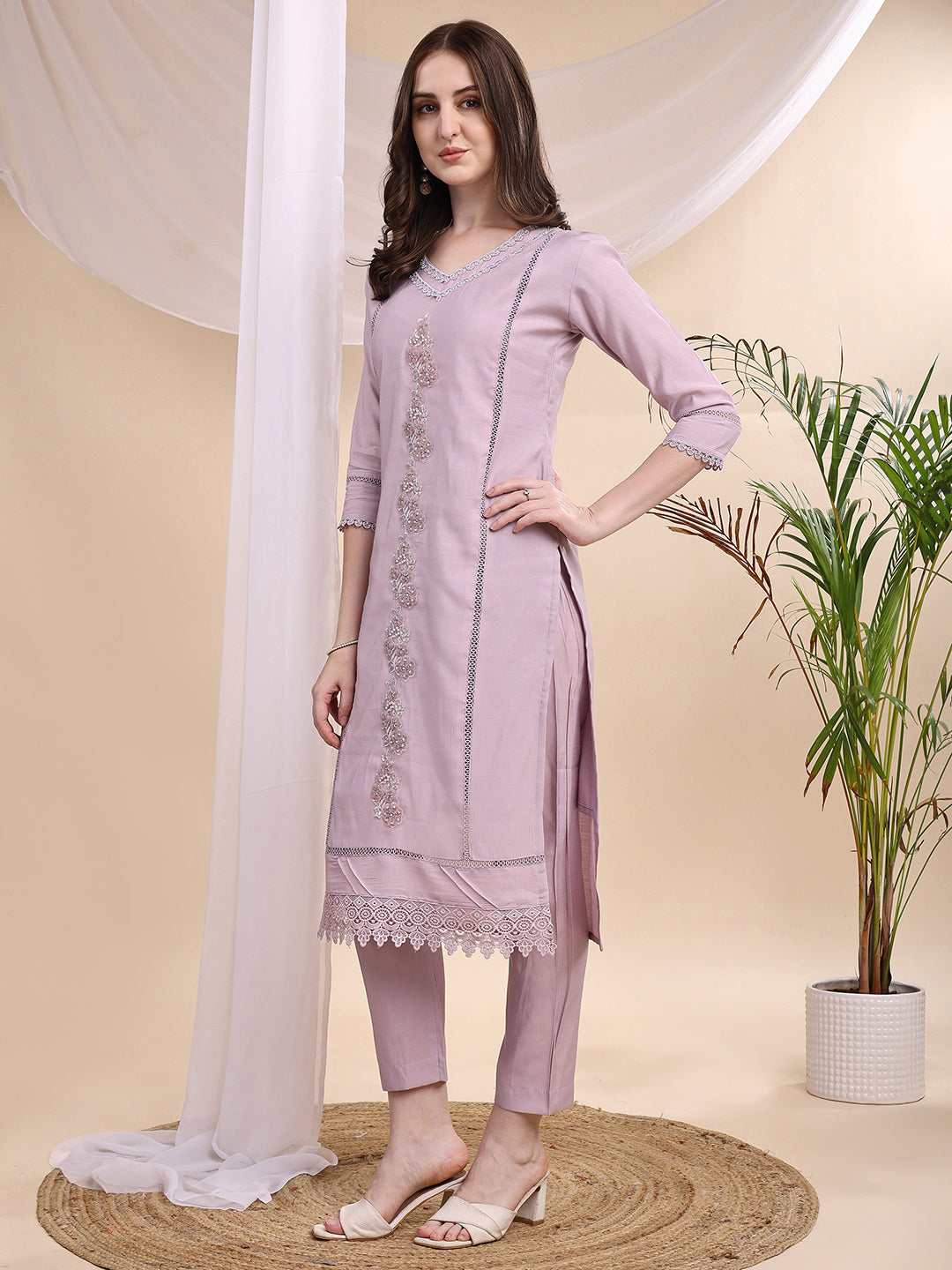 Applique Beads & Lace Embroidered Kurta With Pant & Dupatta, Lavender - Hiral Fashion - Distacart