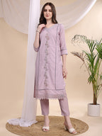 Applique Beads & Lace Embroidered Kurta With Pant & Dupatta, Lavender - Hiral Fashion - Distacart