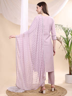 Applique Beads & Lace Embroidered Kurta With Pant & Dupatta, Lavender - Hiral Fashion - Distacart