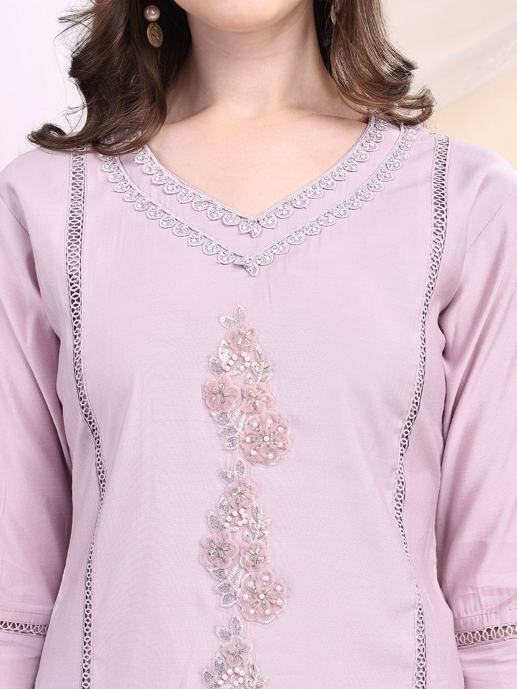 Applique Beads & Lace Embroidered Kurta With Pant & Dupatta, Lavender - Hiral Fashion - Distacart