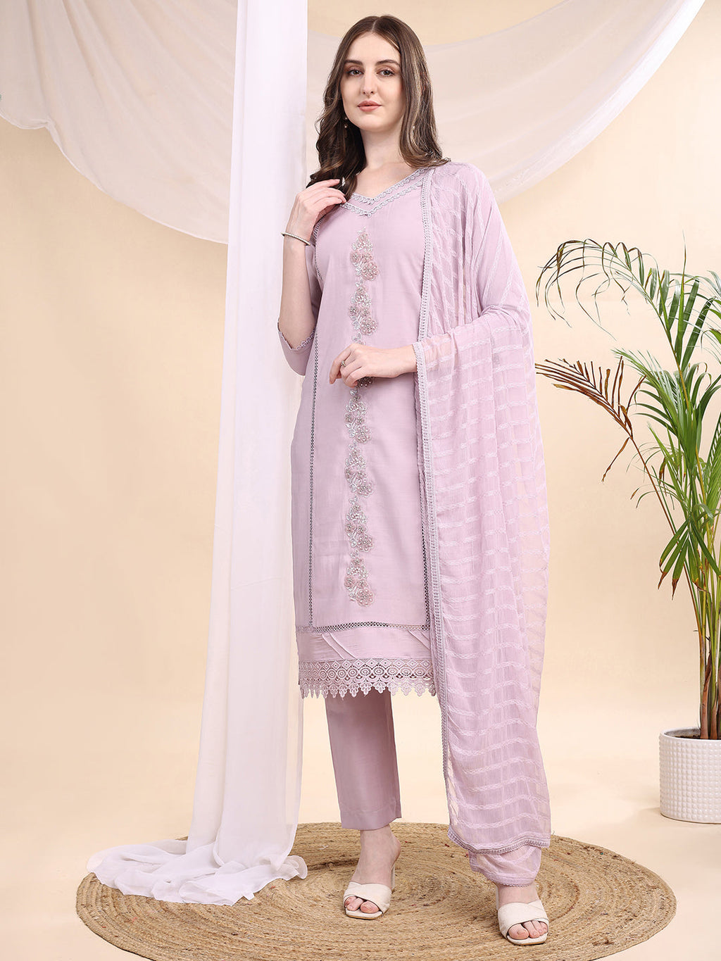 Applique Beads & Lace Embroidered Kurta With Pant & Dupatta, Lavender - Hiral Fashion - Distacart