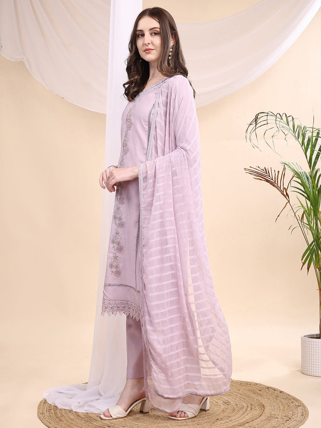 Applique Beads & Lace Embroidered Kurta With Pant & Dupatta, Lavender - Hiral Fashion - Distacart