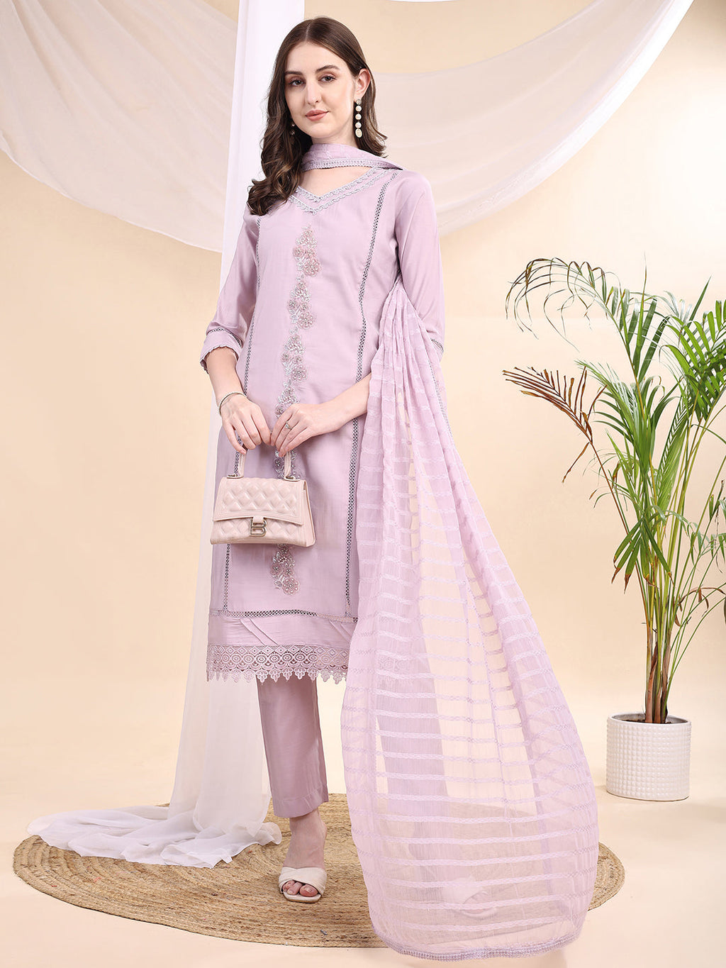 Applique Beads & Lace Embroidered Kurta With Pant & Dupatta, Lavender - Hiral Fashion - Distacart