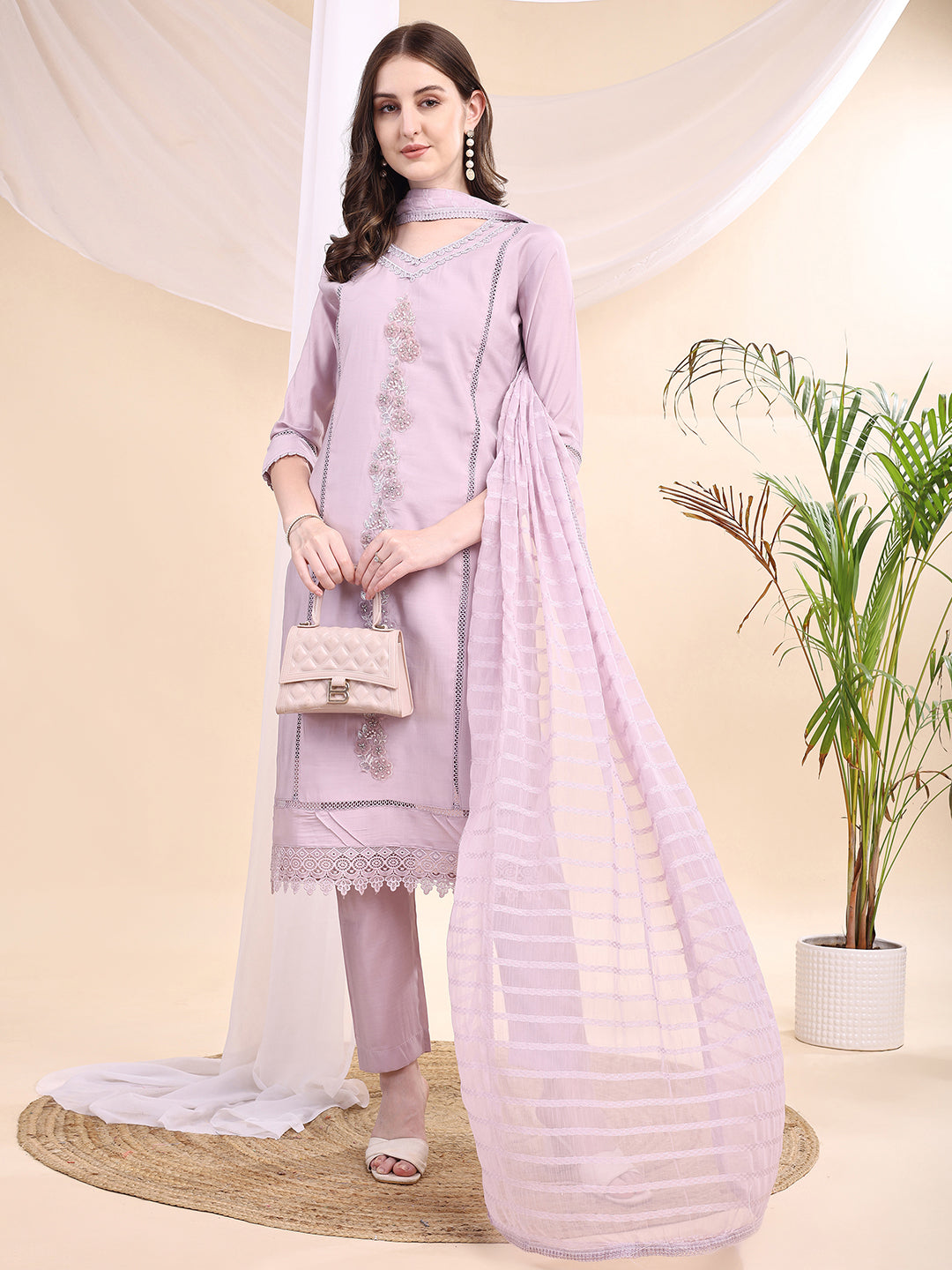 Applique Beads & Lace Embroidered Kurta With Pant & Dupatta, Lavender - Hiral Fashion - Distacart