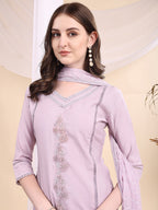 Applique Beads & Lace Embroidered Kurta With Pant & Dupatta, Lavender - Hiral Fashion - Distacart