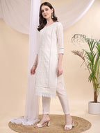 Applique Beads & Lace Embroidered Kurta With Pant & Dupatta, White - Hiral Fashion - Distacart
