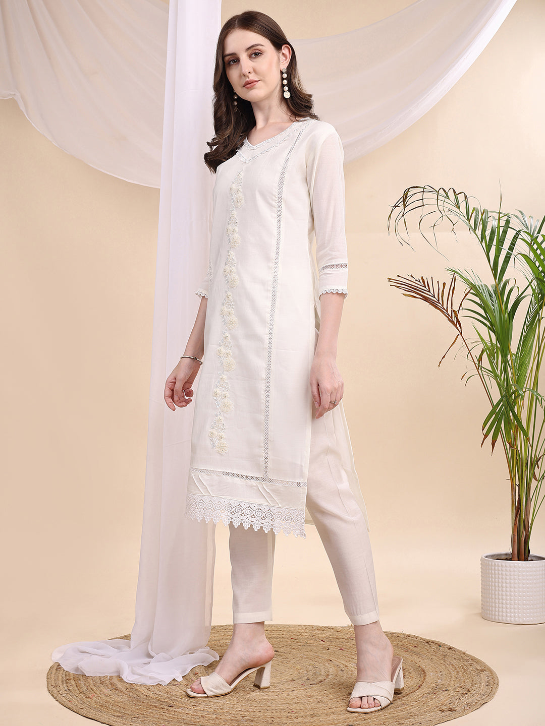 Applique Beads & Lace Embroidered Kurta With Pant & Dupatta, White - Hiral Fashion - Distacart
