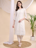 Applique Beads & Lace Embroidered Kurta With Pant & Dupatta, White - Hiral Fashion - Distacart