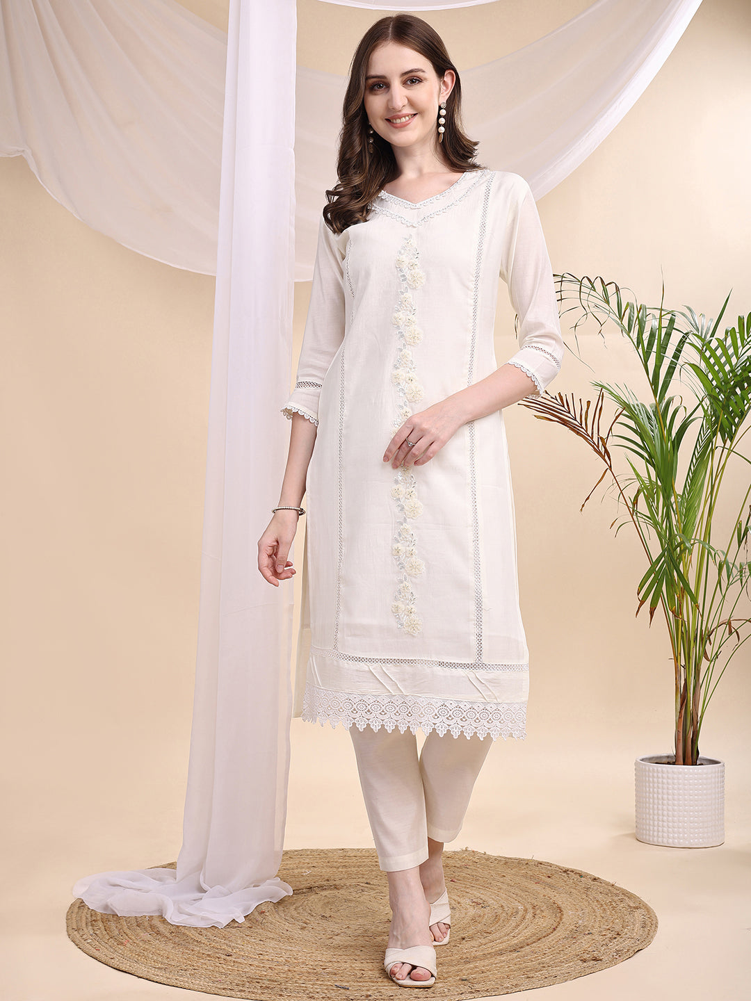 Applique Beads & Lace Embroidered Kurta With Pant & Dupatta, White - Hiral Fashion - Distacart