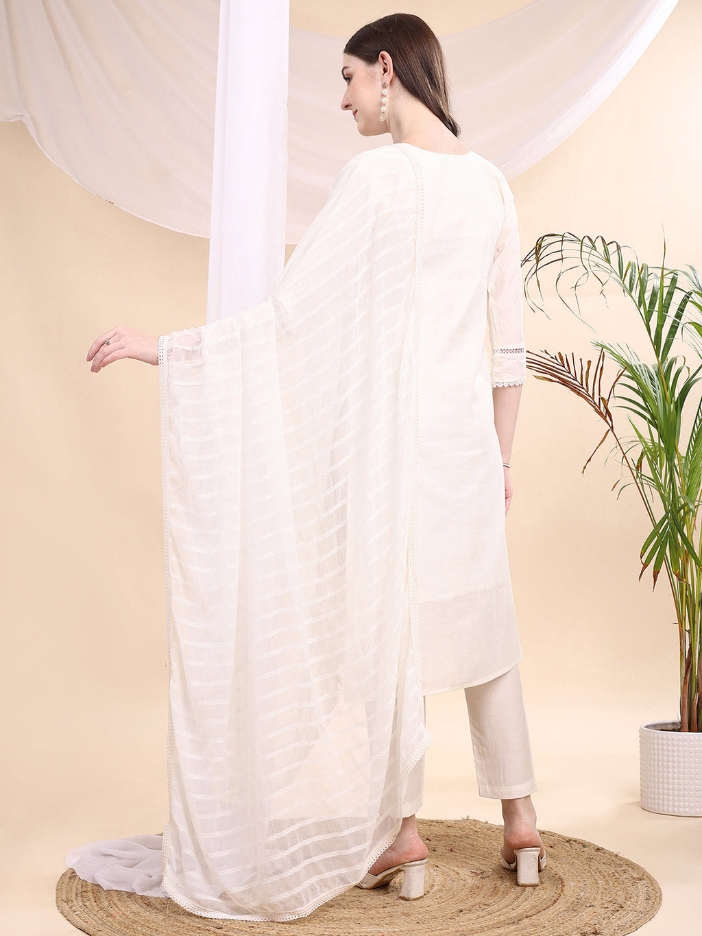 Applique Beads & Lace Embroidered Kurta With Pant & Dupatta, White - Hiral Fashion - Distacart