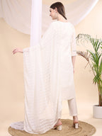 Applique Beads & Lace Embroidered Kurta With Pant & Dupatta, White - Hiral Fashion - Distacart