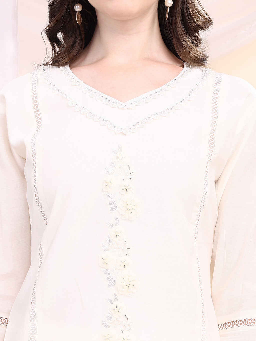 Applique Beads & Lace Embroidered Kurta With Pant & Dupatta, White - Hiral Fashion - Distacart