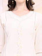 Applique Beads & Lace Embroidered Kurta With Pant & Dupatta, White - Hiral Fashion - Distacart