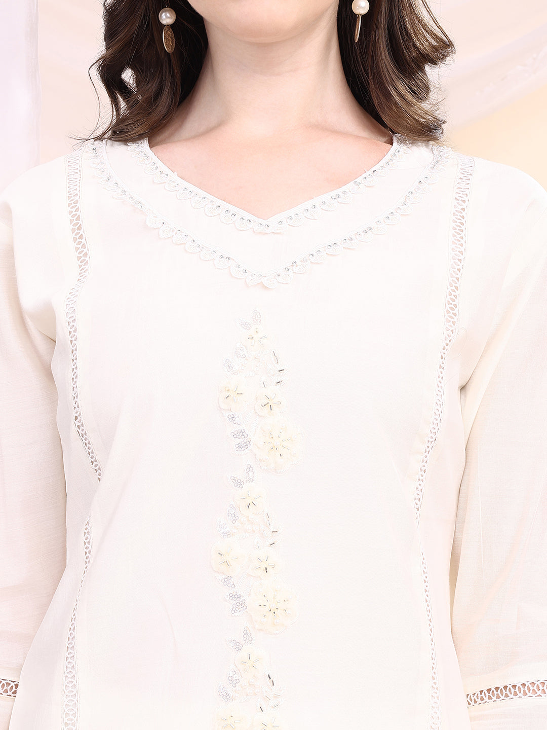 Applique Beads & Lace Embroidered Kurta With Pant & Dupatta, White - Hiral Fashion - Distacart