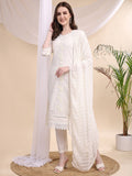 Applique Beads & Lace Embroidered Kurta With Pant & Dupatta, White - Hiral Fashion - Distacart