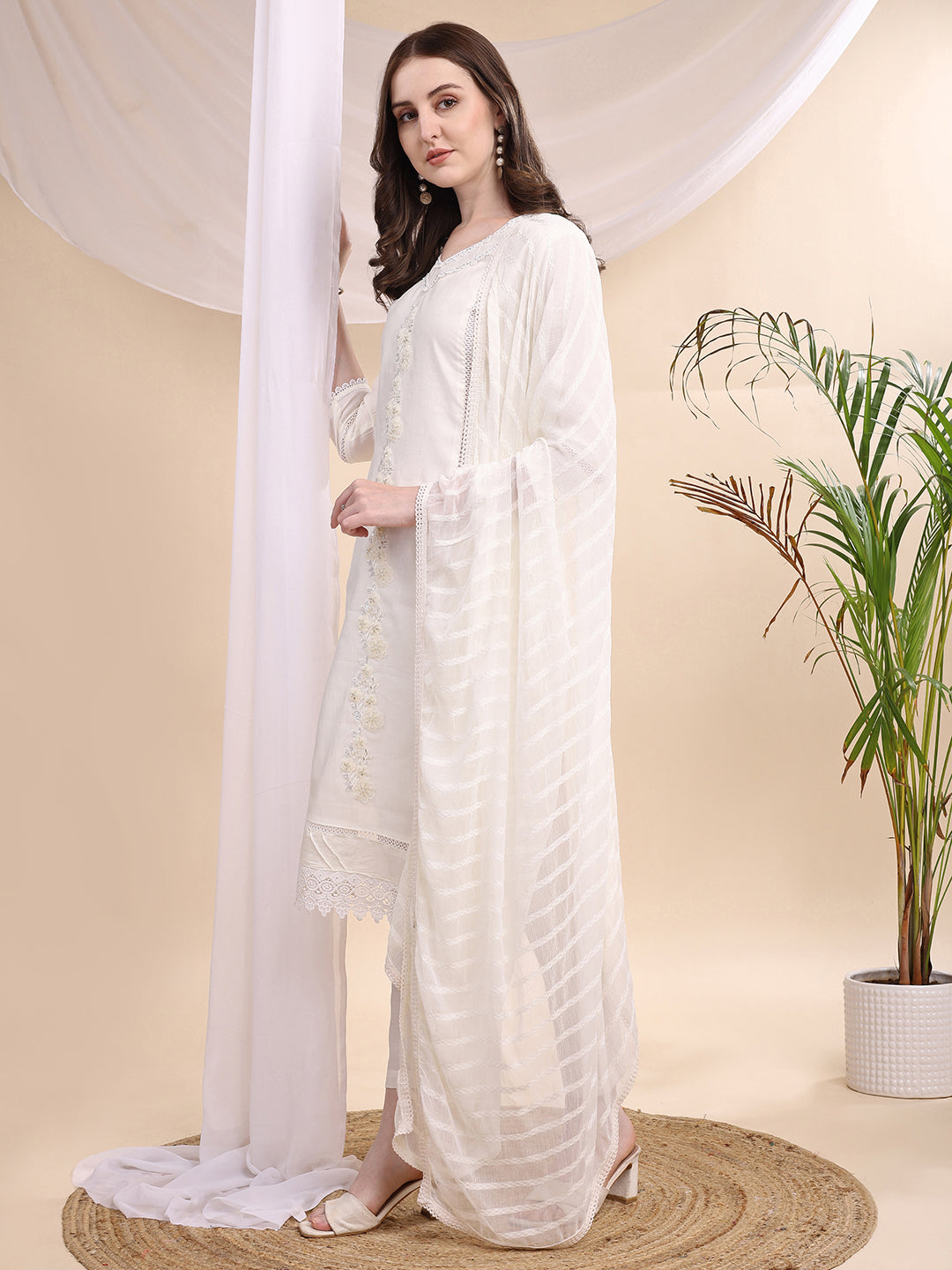 Applique Beads & Lace Embroidered Kurta With Pant & Dupatta, White - Hiral Fashion - Distacart