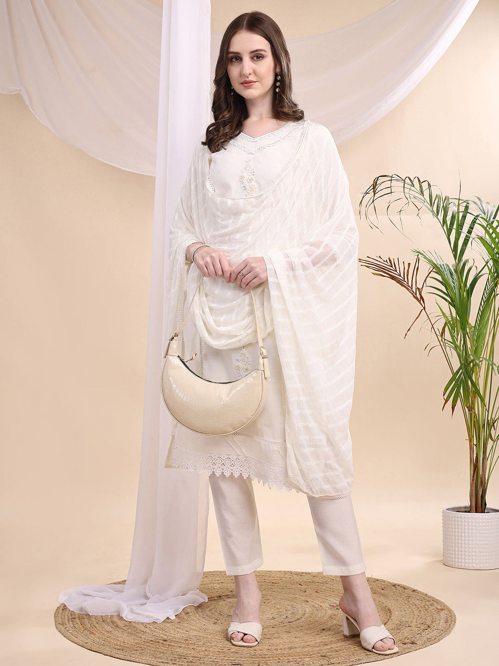 Applique Beads & Lace Embroidered Kurta With Pant & Dupatta, White - Hiral Fashion - Distacart