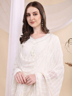 Applique Beads & Lace Embroidered Kurta With Pant & Dupatta, White - Hiral Fashion - Distacart