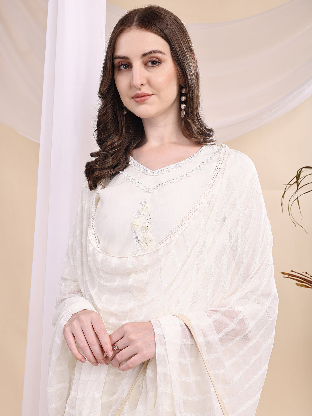 Applique Beads & Lace Embroidered Kurta With Pant & Dupatta, White - Hiral Fashion - Distacart