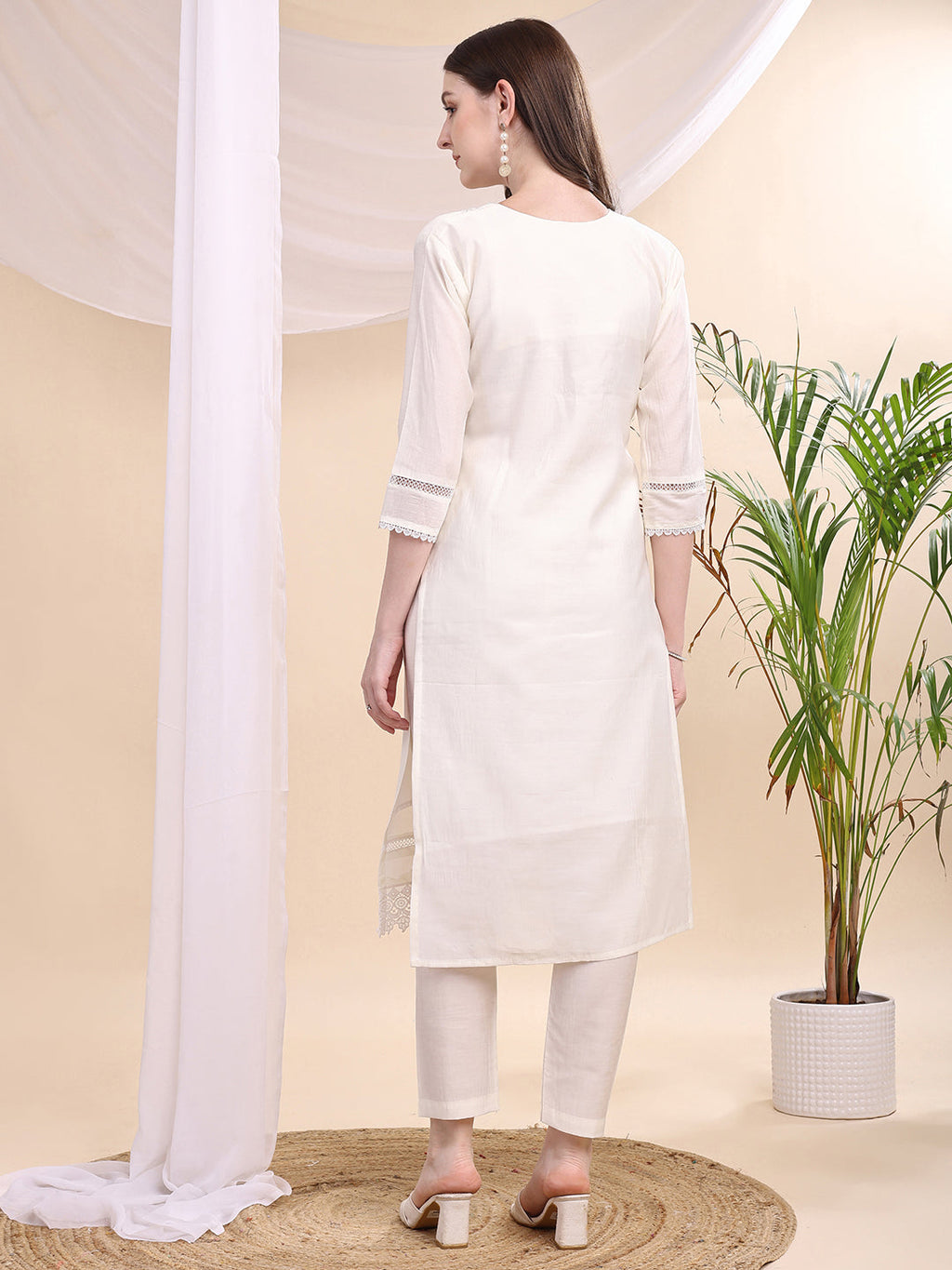 Applique Beads & Lace Embroidered Kurta With Pant & Dupatta, White - Hiral Fashion - Distacart