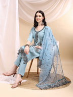 Embroidered Kurta With Pant & Embroidered Dupatta, Aqua-Blue - Hiral Fashion - Distacart