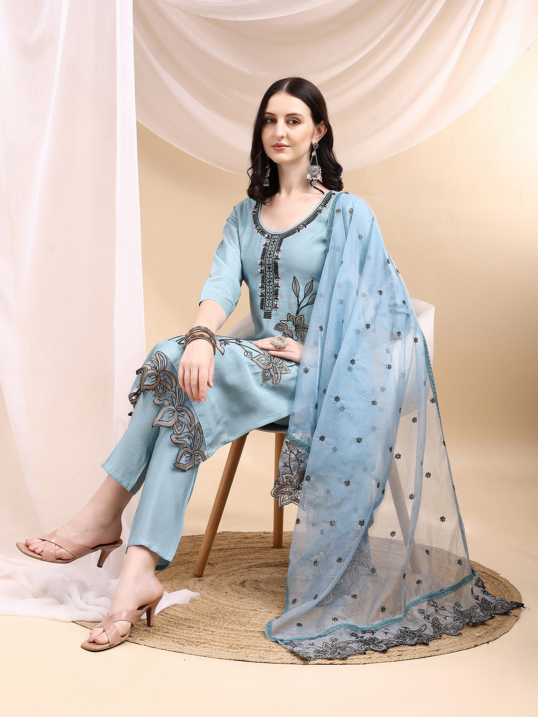 Embroidered Kurta With Pant & Embroidered Dupatta, Aqua-Blue - Hiral Fashion - Distacart