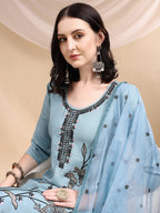 Embroidered Kurta With Pant & Embroidered Dupatta, Aqua-Blue - Hiral Fashion - Distacart