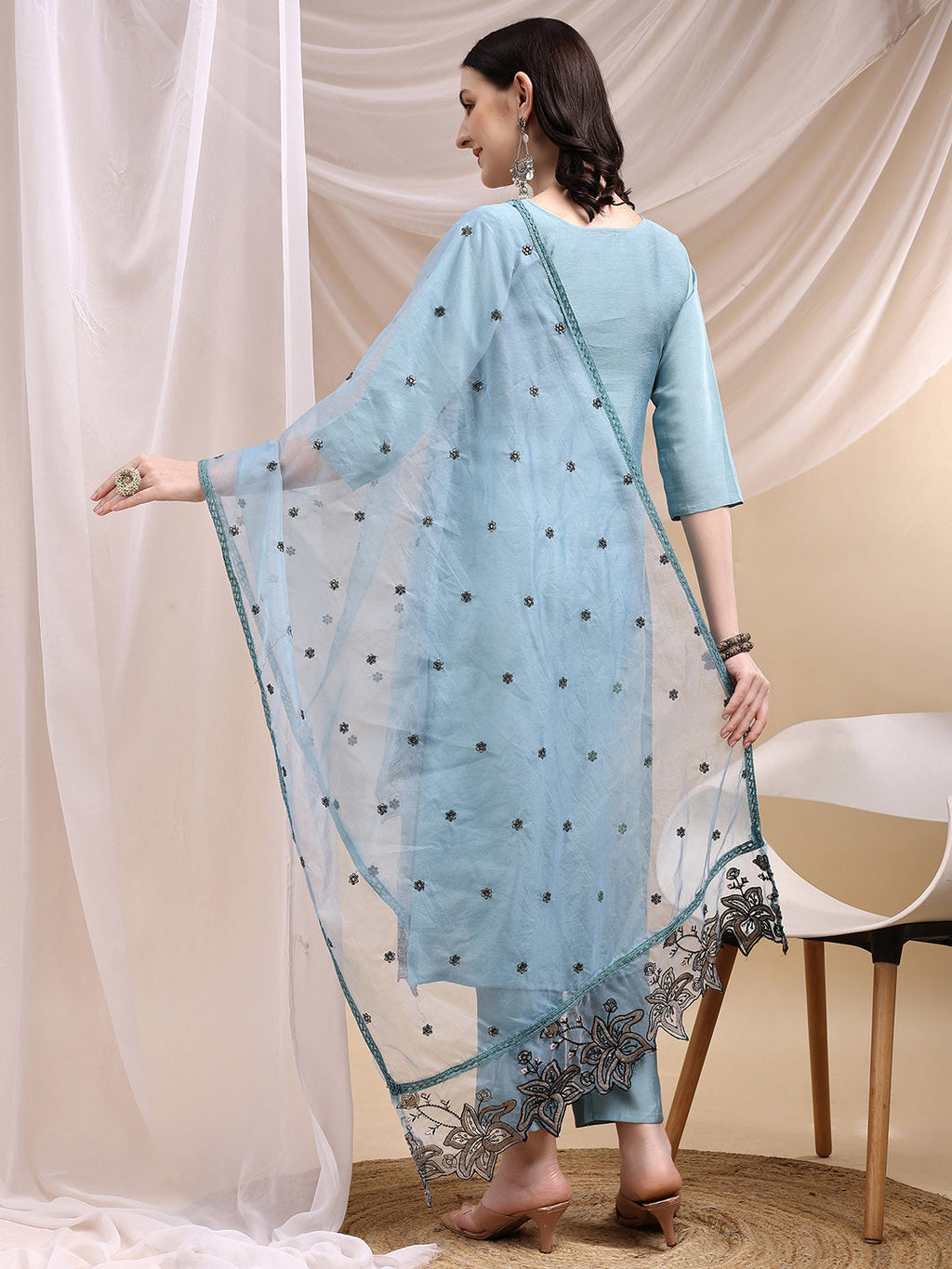 Embroidered Kurta With Pant & Embroidered Dupatta, Aqua-Blue - Hiral Fashion - Distacart