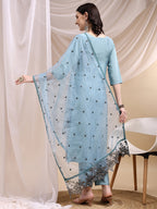 Embroidered Kurta With Pant & Embroidered Dupatta, Aqua-Blue - Hiral Fashion - Distacart