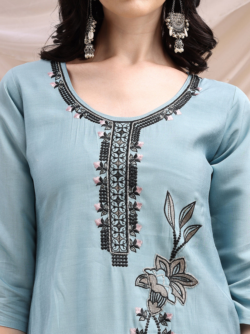 Embroidered Kurta With Pant & Embroidered Dupatta, Aqua-Blue - Hiral Fashion - Distacart