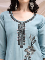 Embroidered Kurta With Pant & Embroidered Dupatta, Aqua-Blue - Hiral Fashion - Distacart