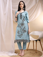 Embroidered Kurta With Pant & Embroidered Dupatta, Aqua-Blue - Hiral Fashion - Distacart