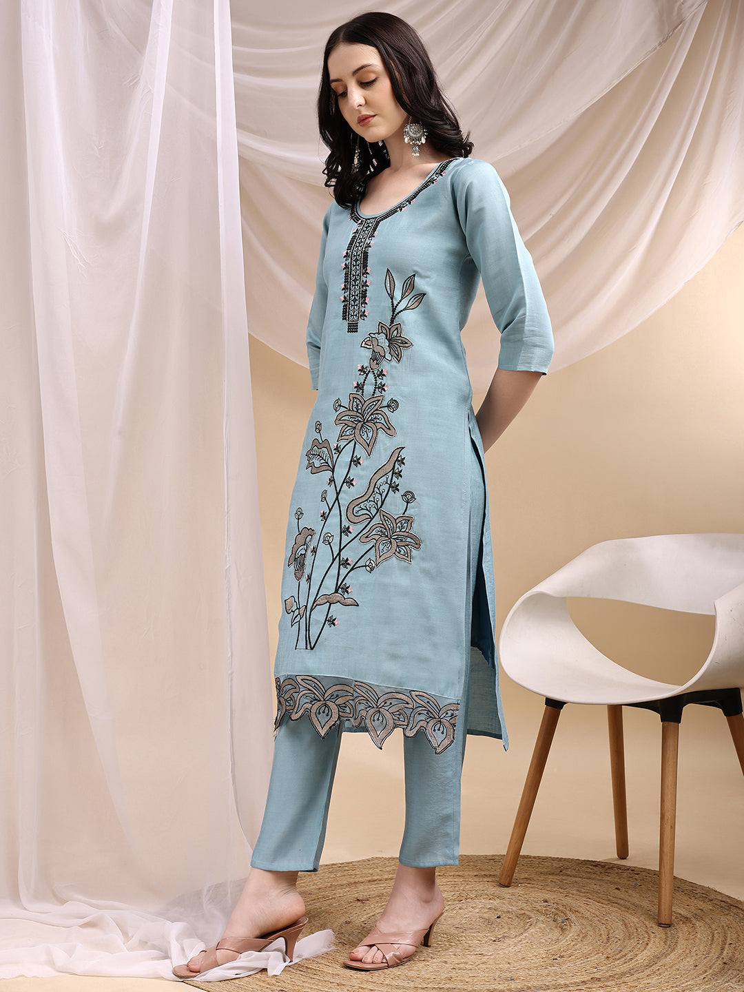 Embroidered Kurta With Pant & Embroidered Dupatta, Aqua-Blue - Hiral Fashion - Distacart