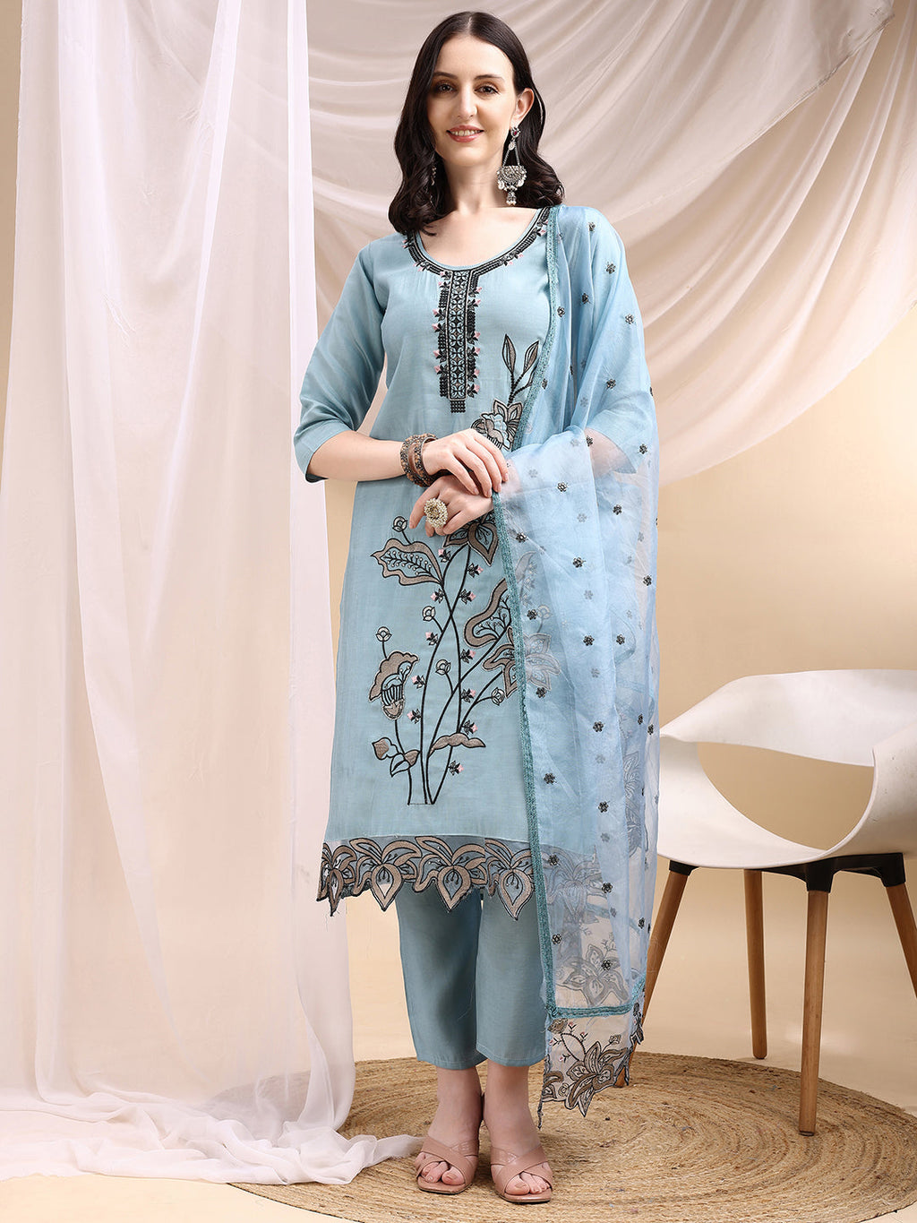Embroidered Kurta With Pant & Embroidered Dupatta, Aqua-Blue - Hiral Fashion - Distacart
