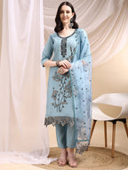 Embroidered Kurta With Pant & Embroidered Dupatta, Aqua-Blue - Hiral Fashion - Distacart