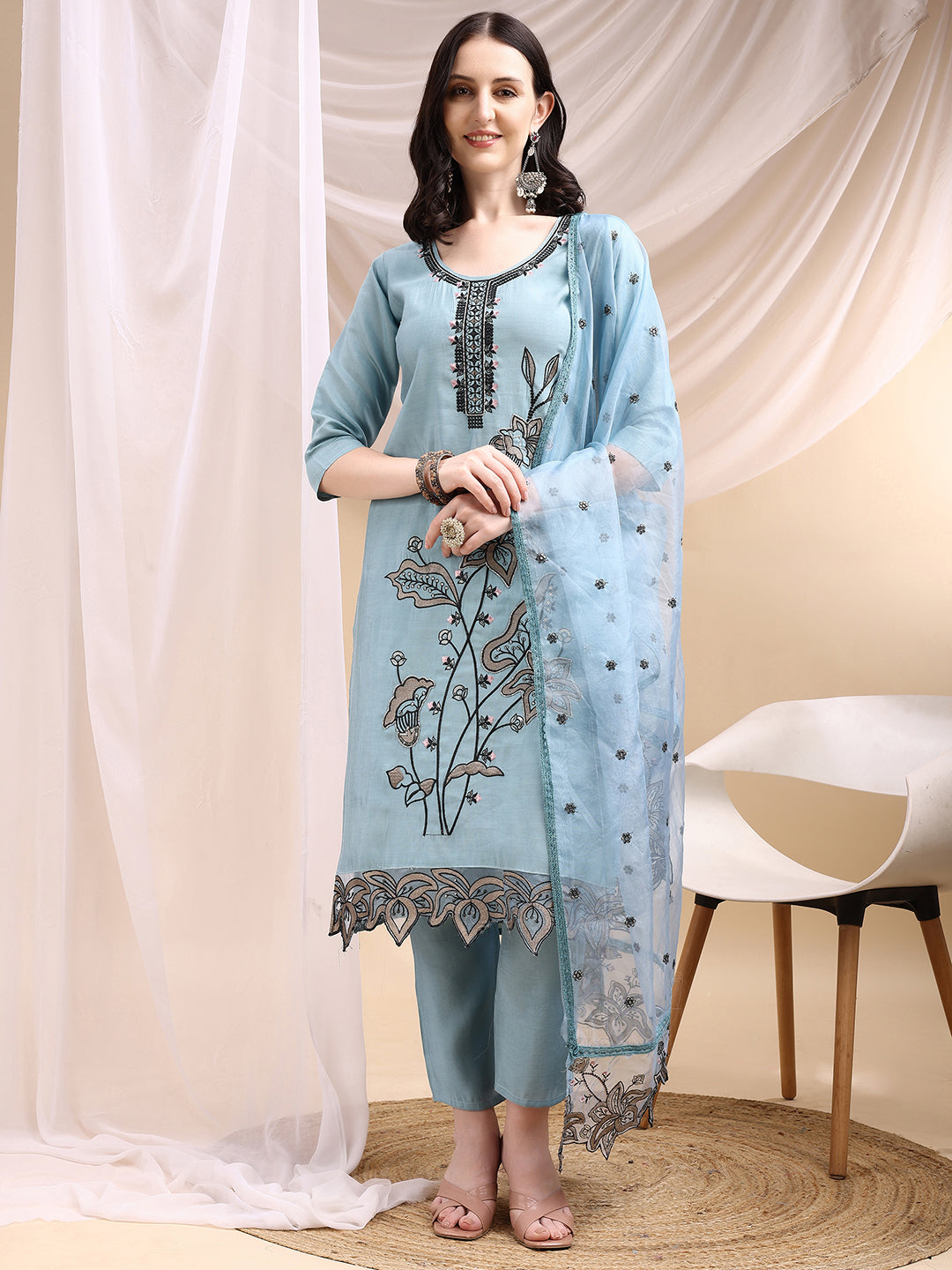 Embroidered Kurta With Pant & Embroidered Dupatta, Aqua-Blue - Hiral Fashion - Distacart