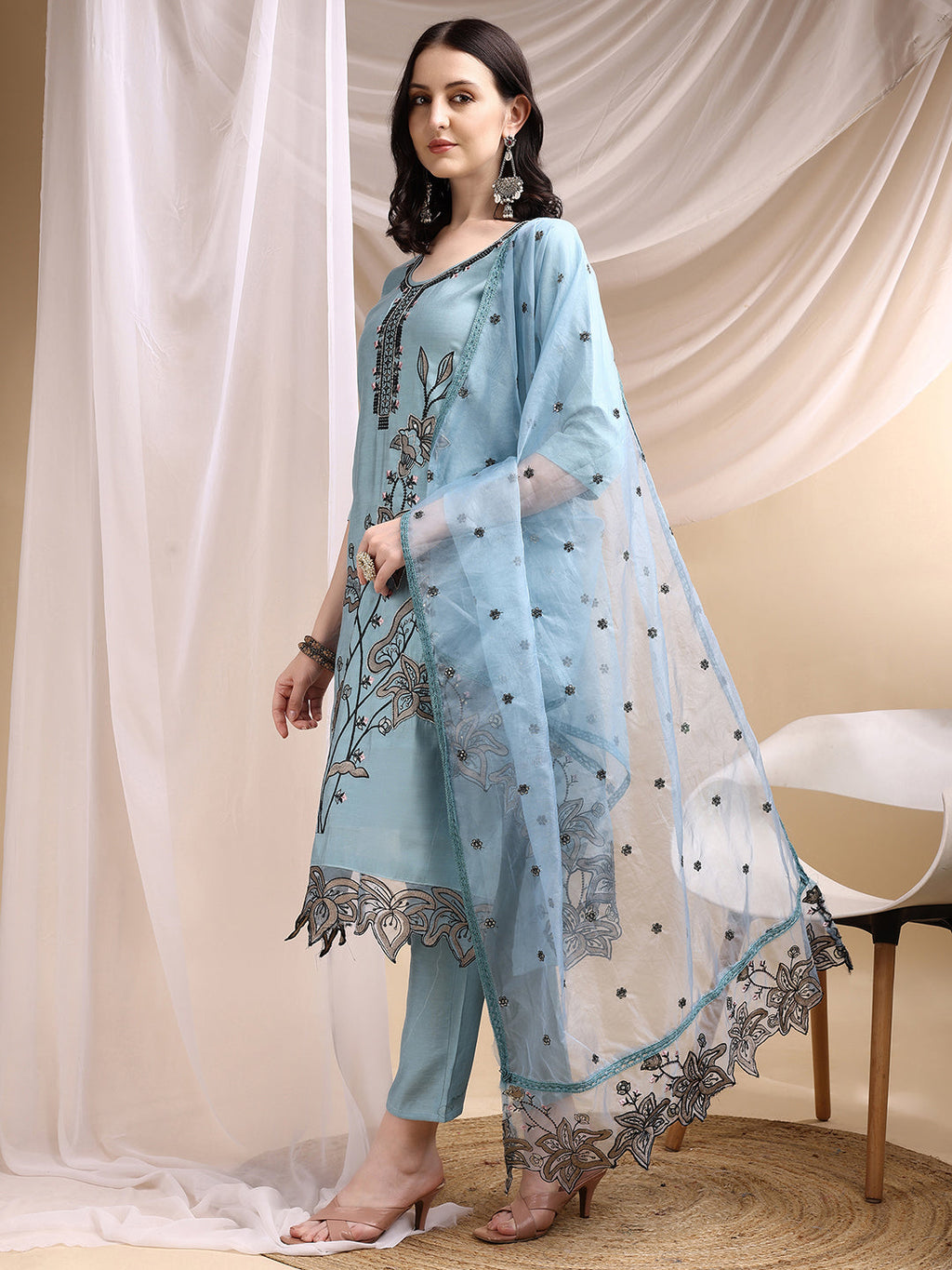 Embroidered Kurta With Pant & Embroidered Dupatta, Aqua-Blue - Hiral Fashion - Distacart