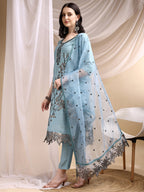 Embroidered Kurta With Pant & Embroidered Dupatta, Aqua-Blue - Hiral Fashion - Distacart