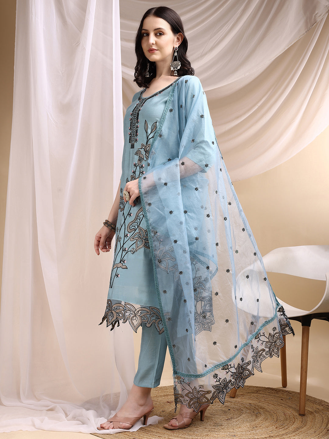 Embroidered Kurta With Pant & Embroidered Dupatta, Aqua-Blue - Hiral Fashion - Distacart
