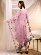 Embroidered Kurta With Pant & Embroidered Dupatta, Pink - Hiral Fashion - Distacart