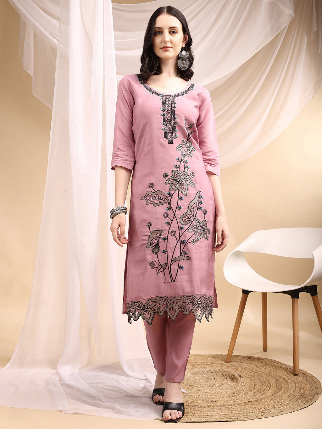 Embroidered Kurta With Pant & Embroidered Dupatta, Pink - Hiral Fashion - Distacart