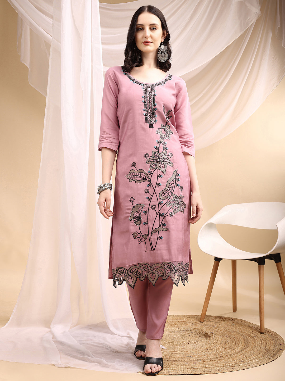 Embroidered Kurta With Pant & Embroidered Dupatta, Pink - Hiral Fashion - Distacart