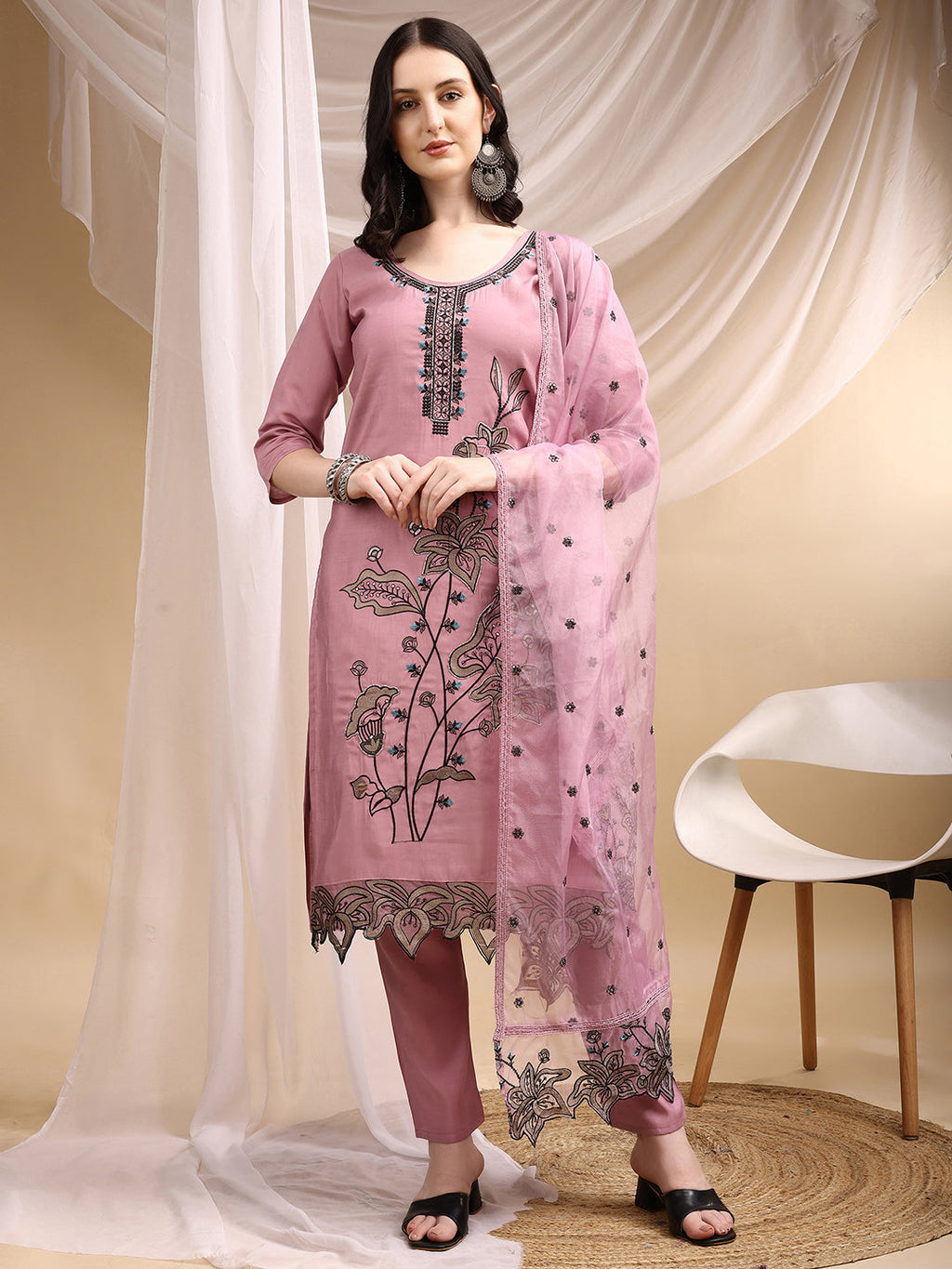 Embroidered Kurta With Pant & Embroidered Dupatta, Pink - Hiral Fashion - Distacart