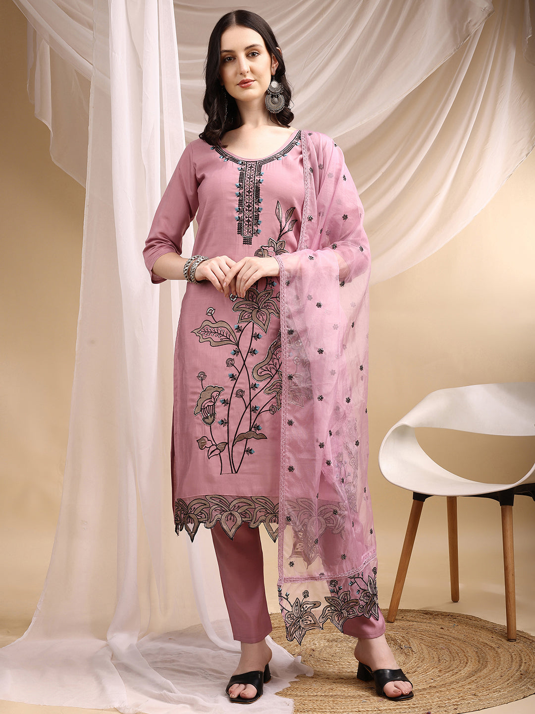 Embroidered Kurta With Pant & Embroidered Dupatta, Pink - Hiral Fashion - Distacart