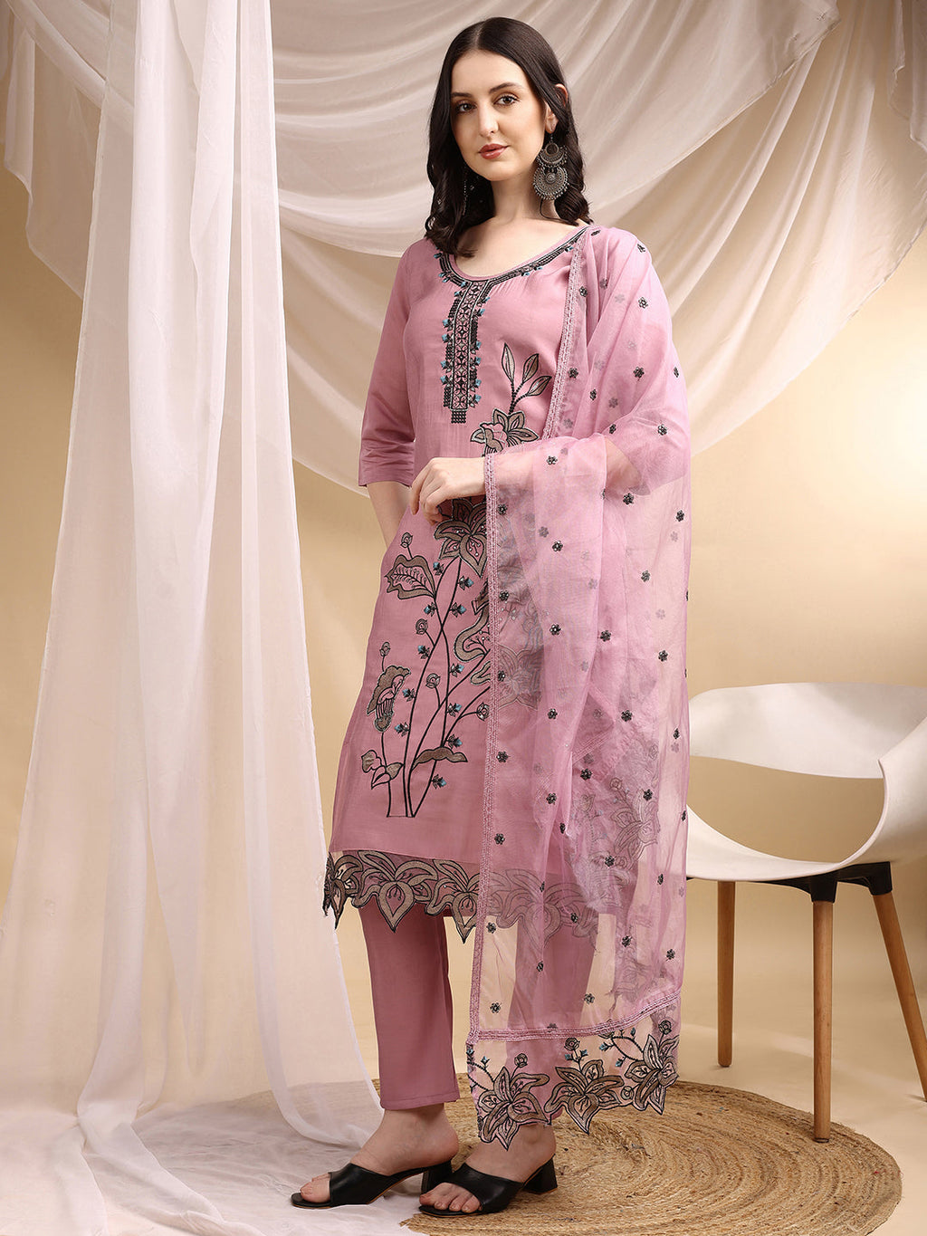 Embroidered Kurta With Pant & Embroidered Dupatta, Pink - Hiral Fashion - Distacart