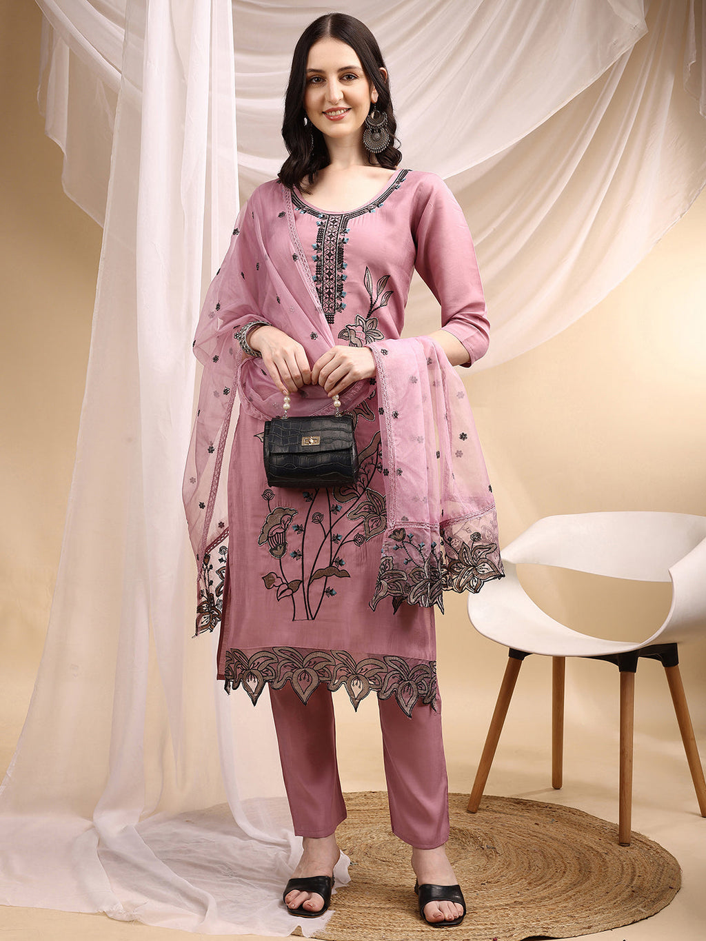 Embroidered Kurta With Pant & Embroidered Dupatta, Pink - Hiral Fashion - Distacart