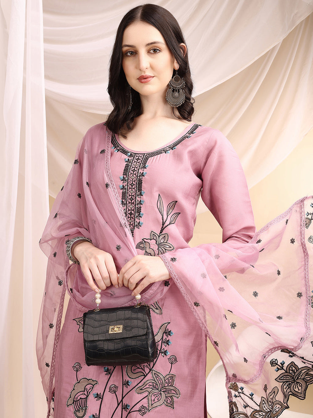 Embroidered Kurta With Pant & Embroidered Dupatta, Pink - Hiral Fashion - Distacart