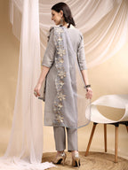 Hand & Thread Placement Embroidered Kurta With Pant & Embroidered Dupatta, Grey - Hiral Fashion - Distacart