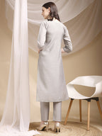 Hand & Thread Placement Embroidered Kurta With Pant & Embroidered Dupatta, Grey - Hiral Fashion - Distacart